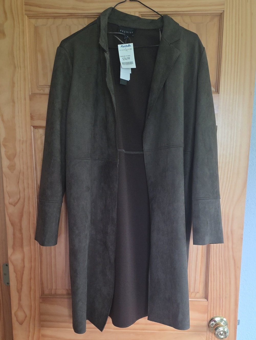 Premier Olive Open-Front Faux Leather Trench Coat